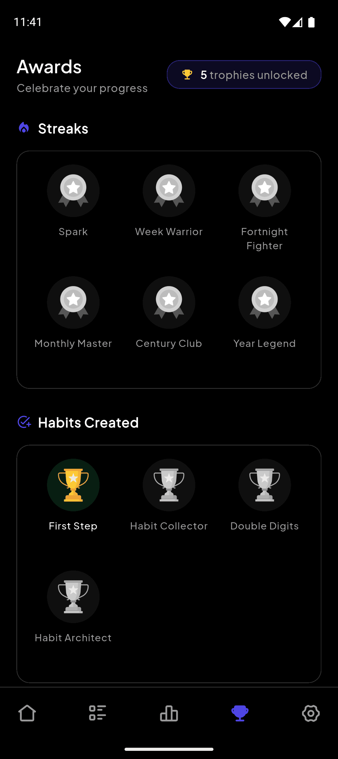 Day Marker Awards screen in dark mode