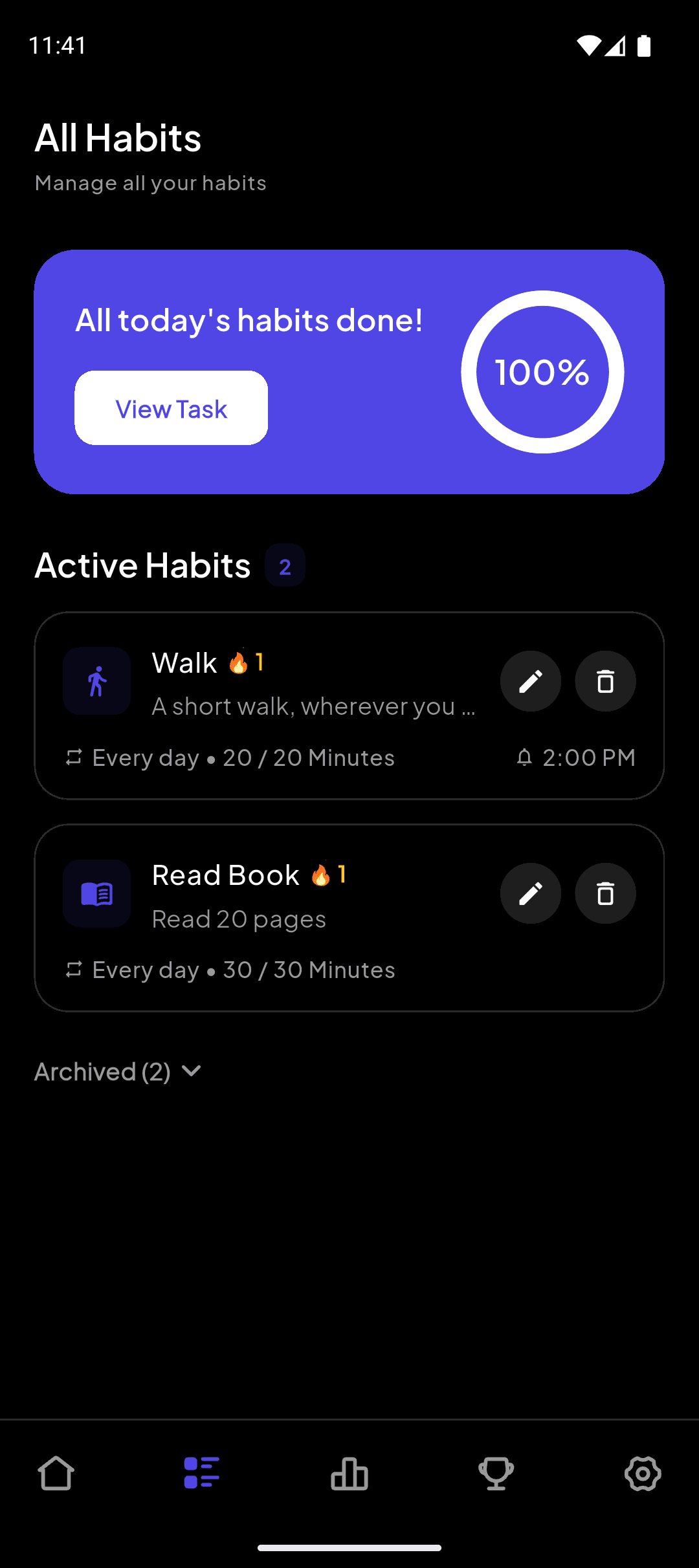 Day Marker Calendar screen in dark mode